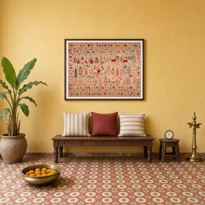 Experience a tapestry of devotion and grandeur with this exquisite art print depicting Krishna, for Entrance