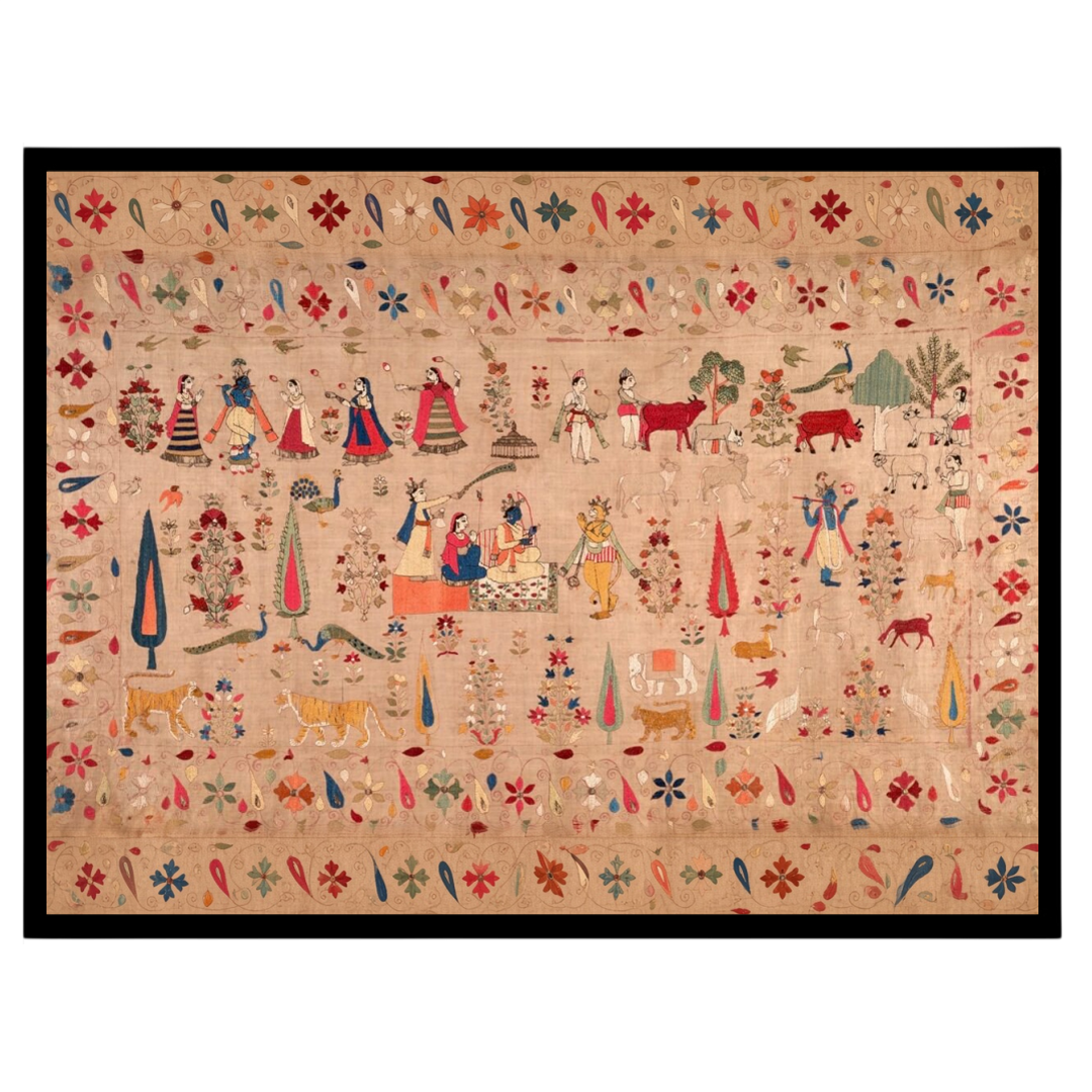 Experience a tapestry of devotion and grandeur with this exquisite art print depicting Krishna, for hallway