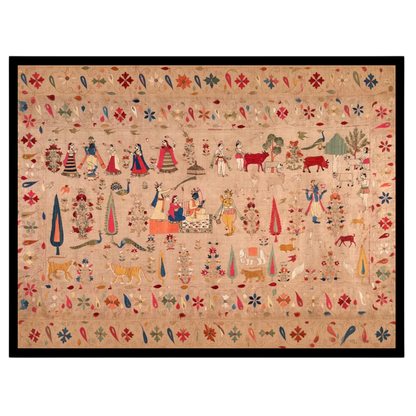 Experience a tapestry of devotion and grandeur with this exquisite art print depicting Krishna, for hallway