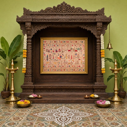 Experience a tapestry of devotion and grandeur with this exquisite art print depicting Krishna, for Home Temple