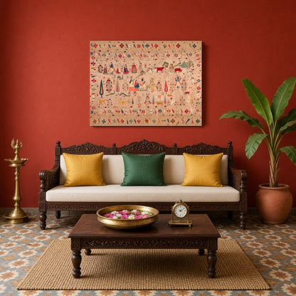 Experience a tapestry of devotion and grandeur with this exquisite art print depicting Krishna, for Living Room