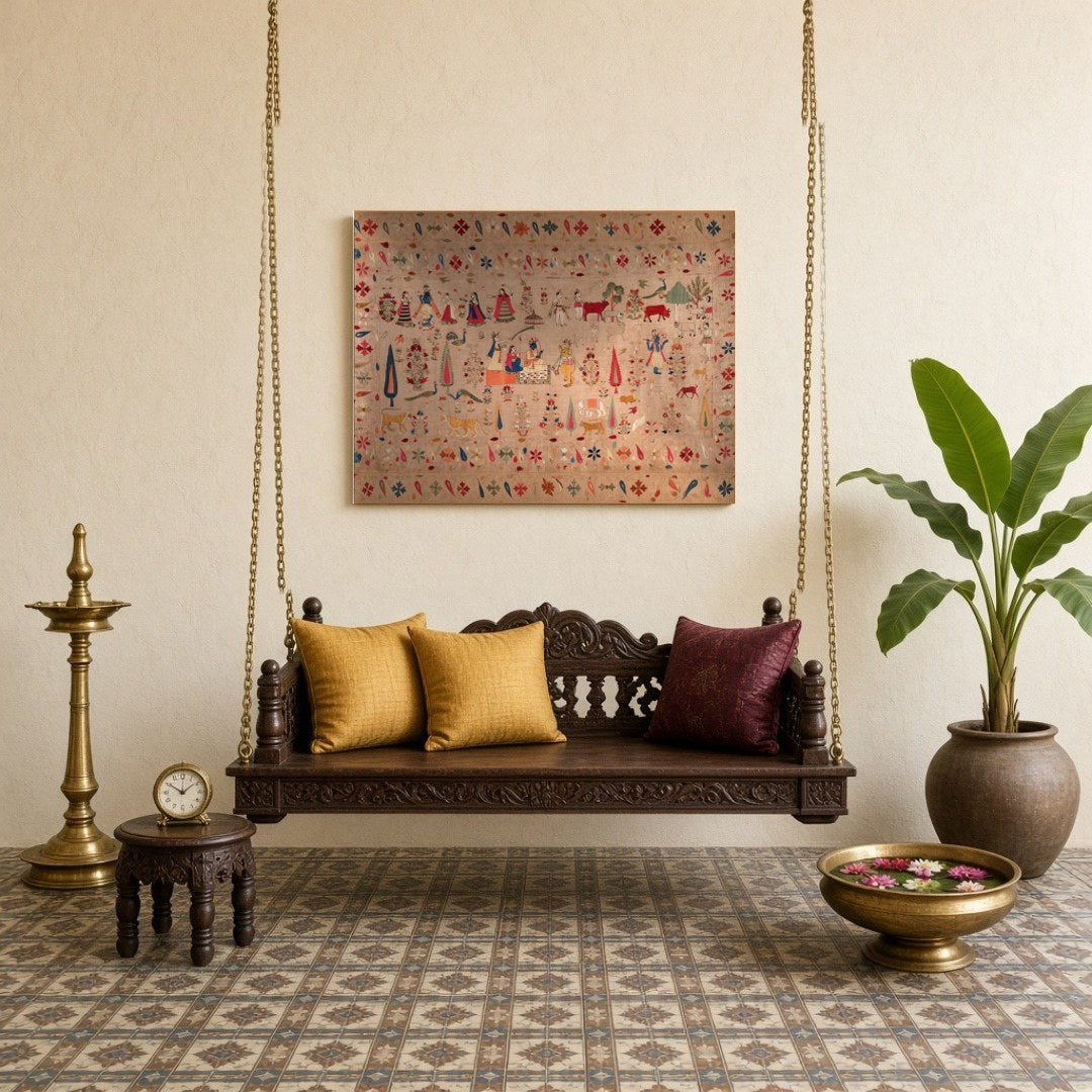 Experience a tapestry of devotion and grandeur with this exquisite art print depicting Krishna, for Sitting Lounge