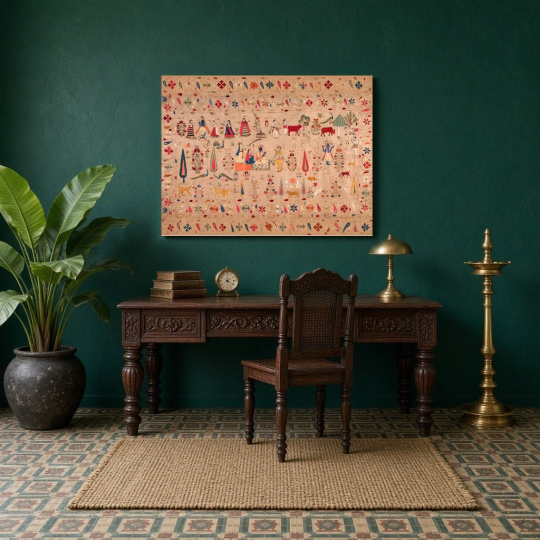 Experience a tapestry of devotion and grandeur with this exquisite art print depicting Krishna, for Study