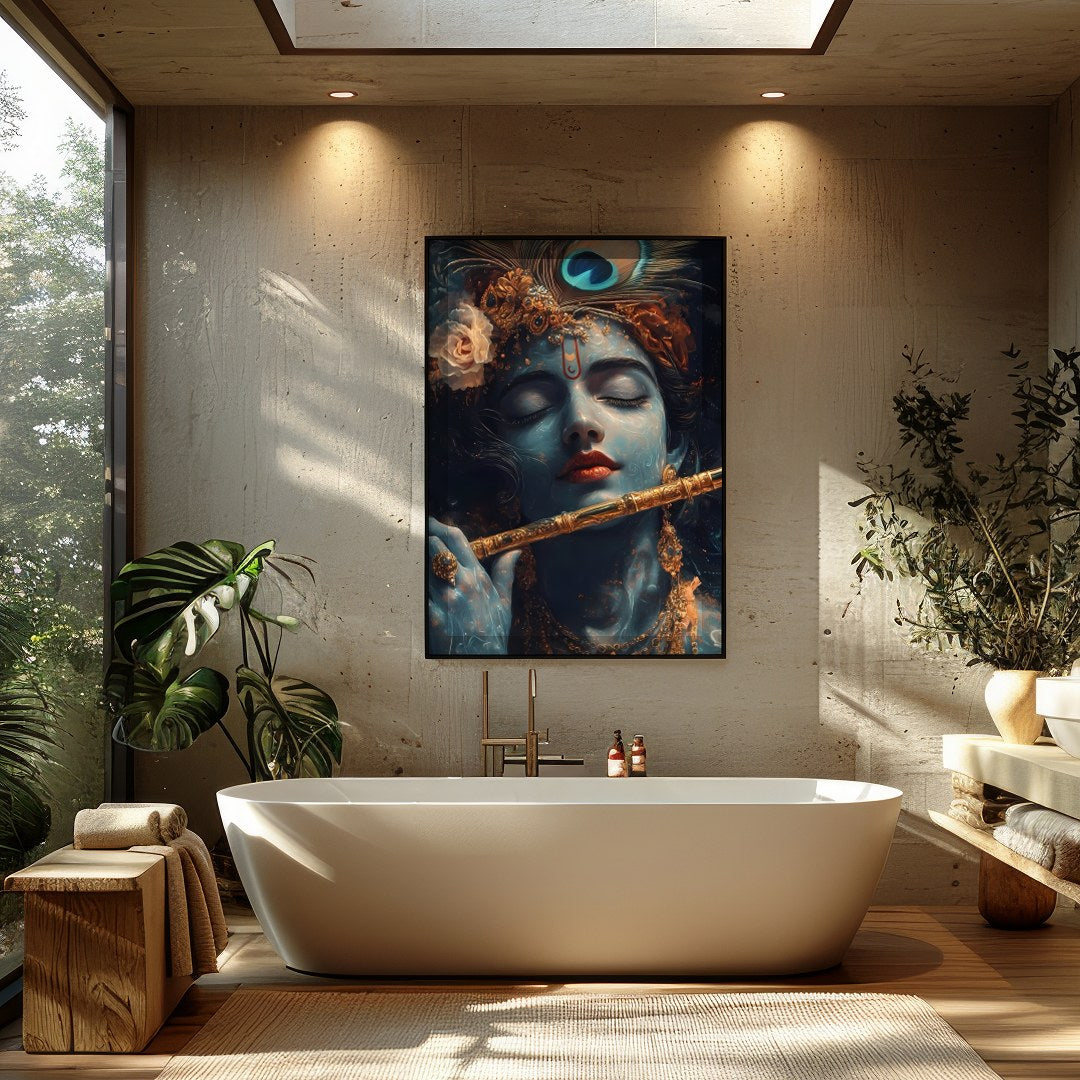 Immerse yourself in the serene beauty of this exquisite artwork depicting a soulful figure playing for Bathroom