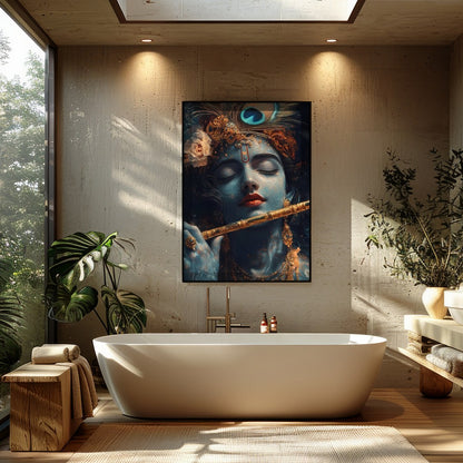 Immerse yourself in the serene beauty of this exquisite artwork depicting a soulful figure playing for Bathroom