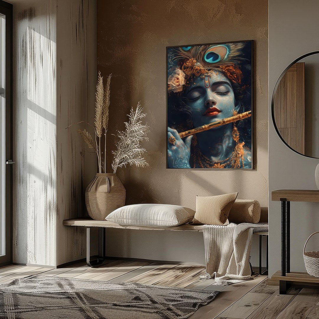 Immerse yourself in the serene beauty of this exquisite artwork depicting a soulful figure playing for interior