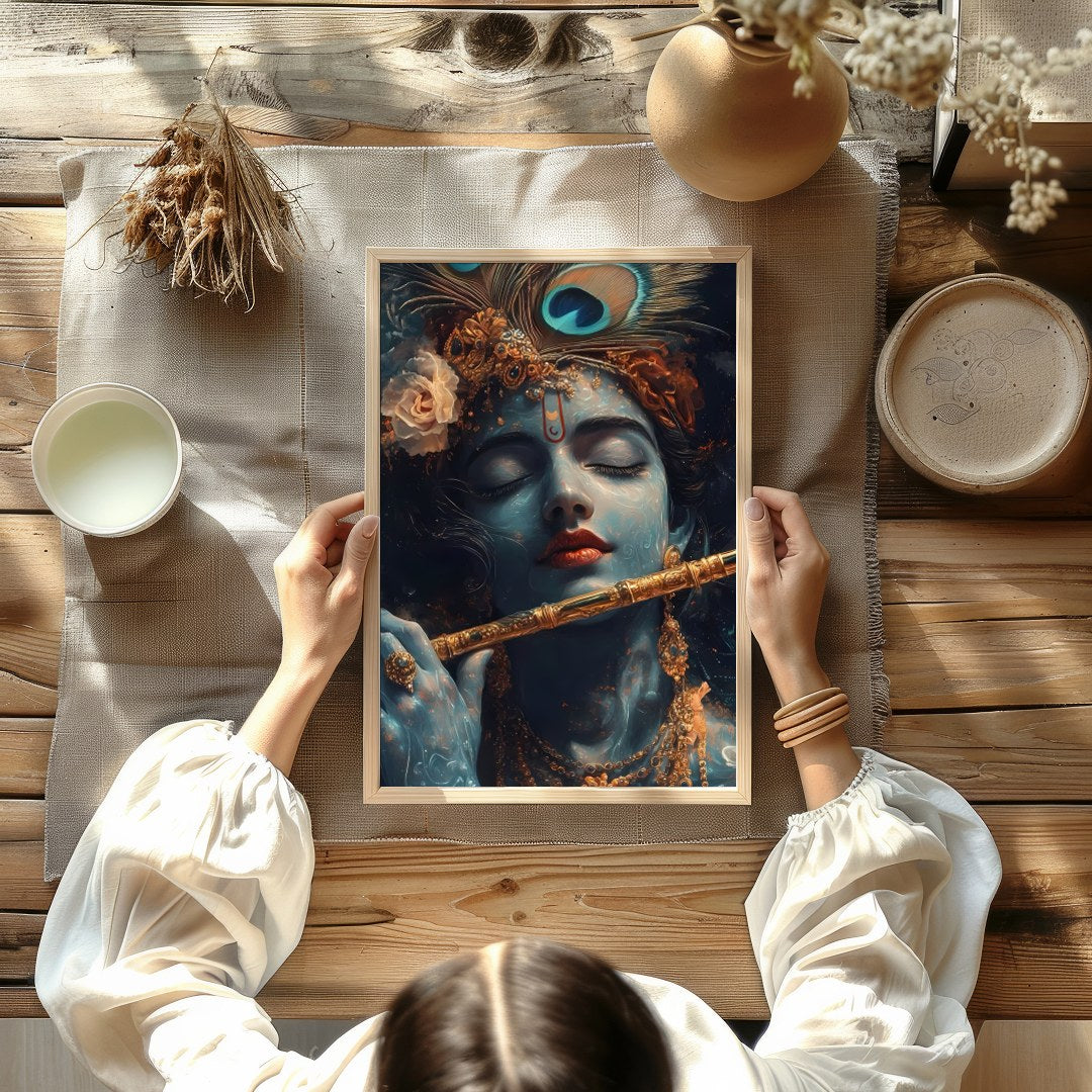 Immerse yourself in the serene beauty of this exquisite artwork depicting a soulful figure playing for Kitchen