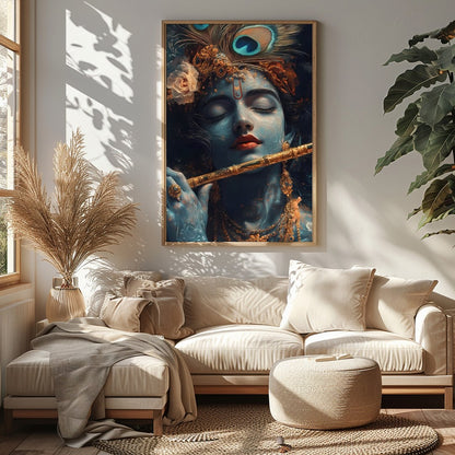 Immerse yourself in the serene beauty of this exquisite artwork depicting a soulful figure playing for Sitting Area