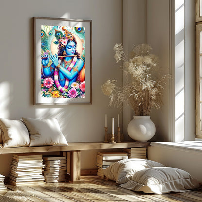 Experience the divine presence of Lord Krishna through this vibrant artwork, where brilliant hues for area