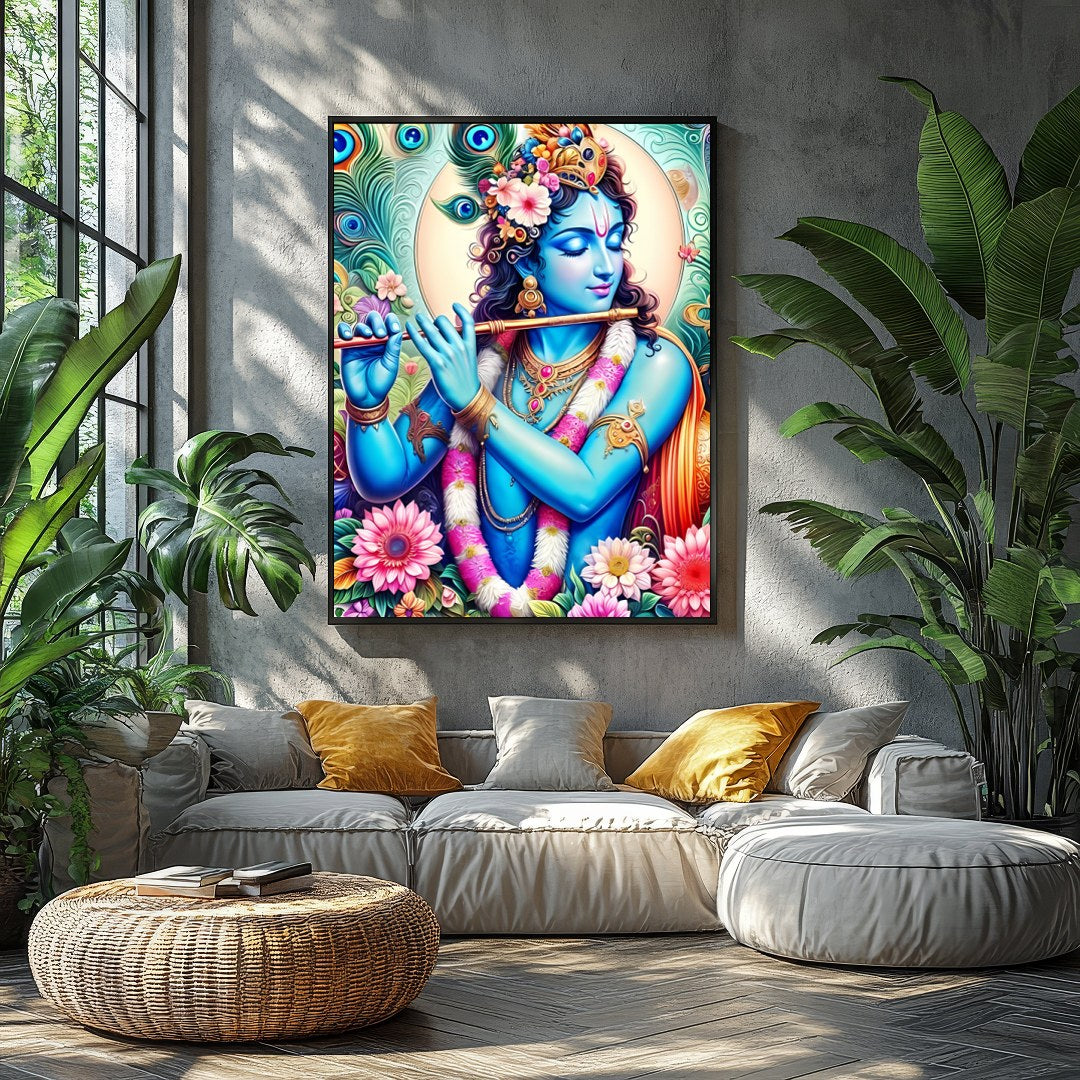 Experience the divine presence of Lord Krishna through this vibrant artwork, where brilliant hues for Balcony