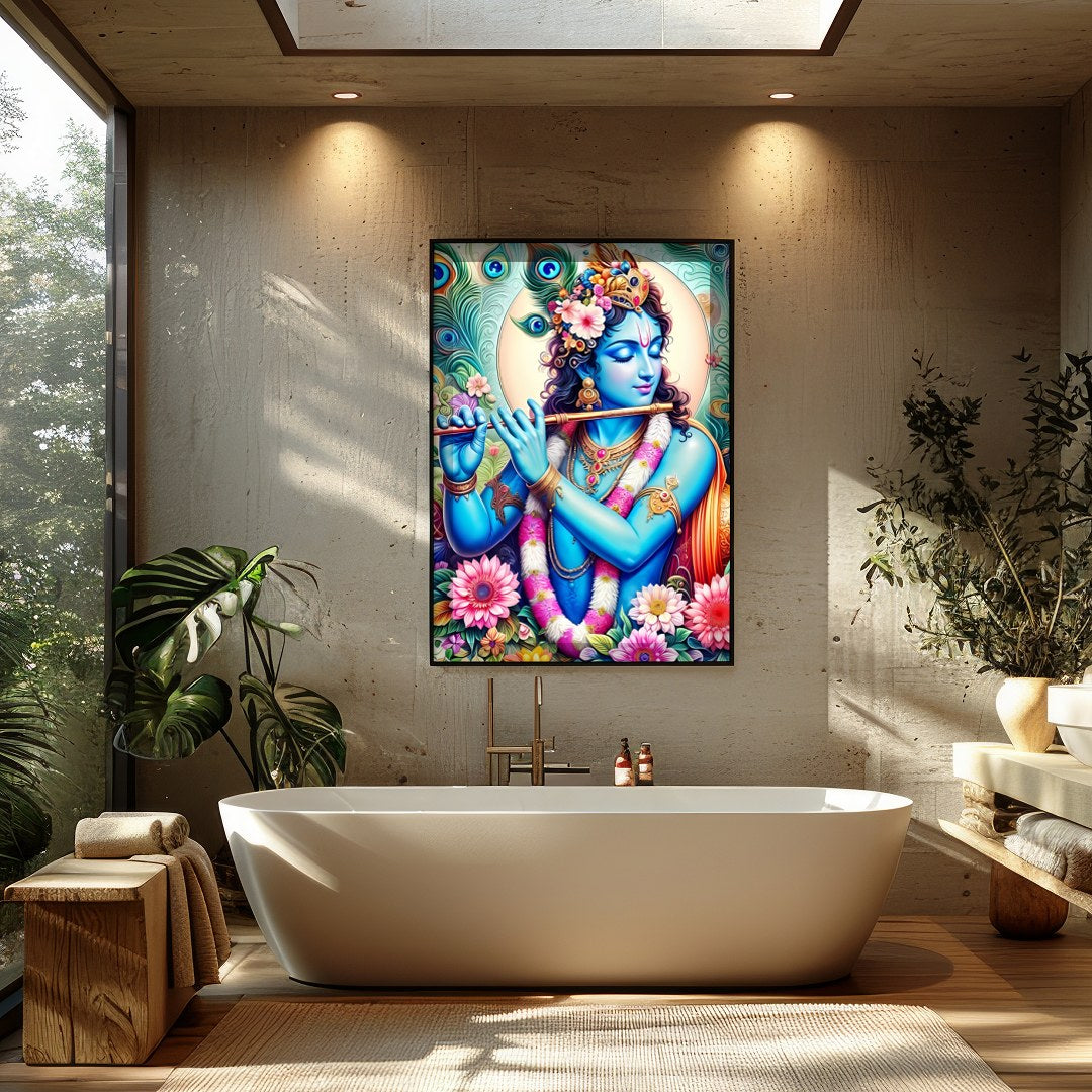 Experience the divine presence of Lord Krishna through this vibrant artwork, where brilliant hues for Bathroom