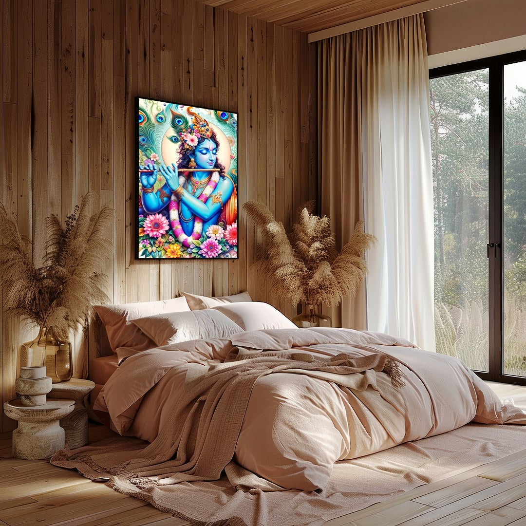 Experience the divine presence of Lord Krishna through this vibrant artwork, where brilliant hues for Bedroom