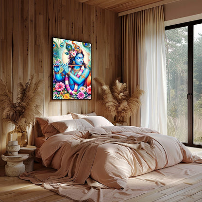 Experience the divine presence of Lord Krishna through this vibrant artwork, where brilliant hues for Bedroom