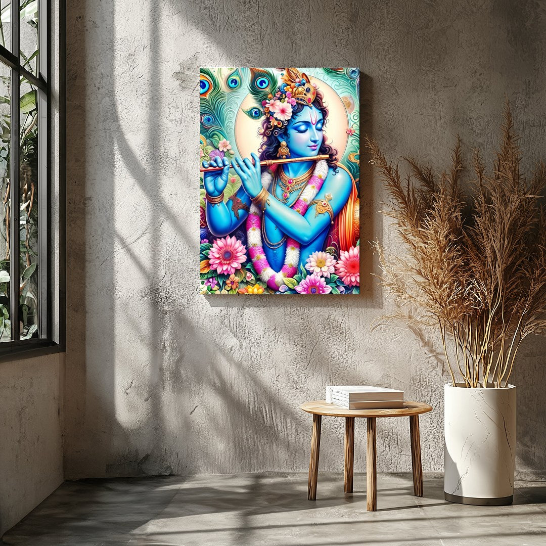 Experience the divine presence of Lord Krishna through this vibrant artwork, where brilliant hues for Entrance
