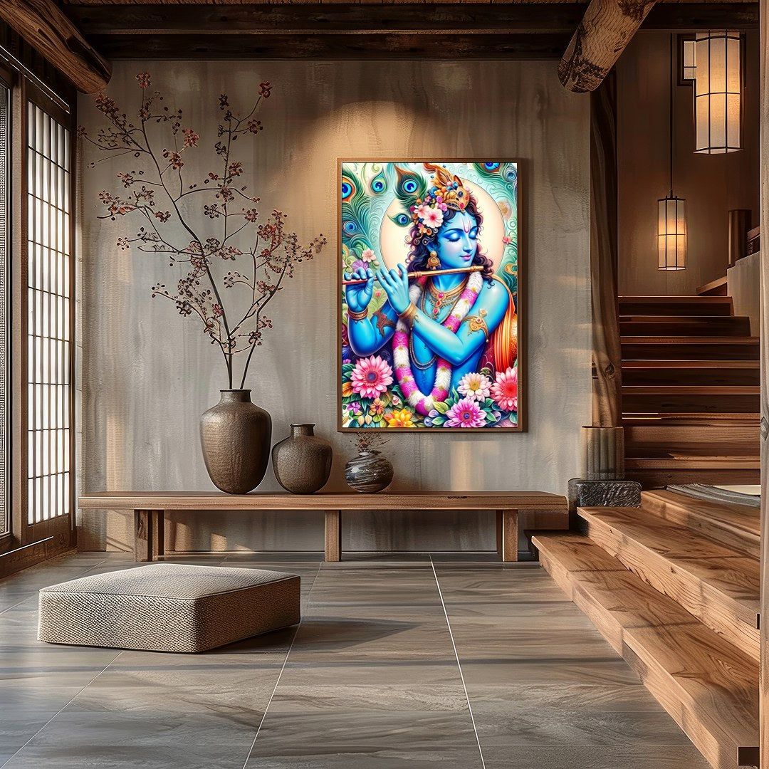 Experience the divine presence of Lord Krishna through this vibrant artwork, where brilliant hues for Hall