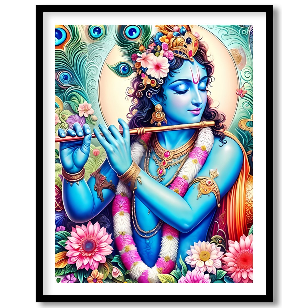 Experience the divine presence of Lord Krishna through this vibrant artwork, where brilliant hues for house