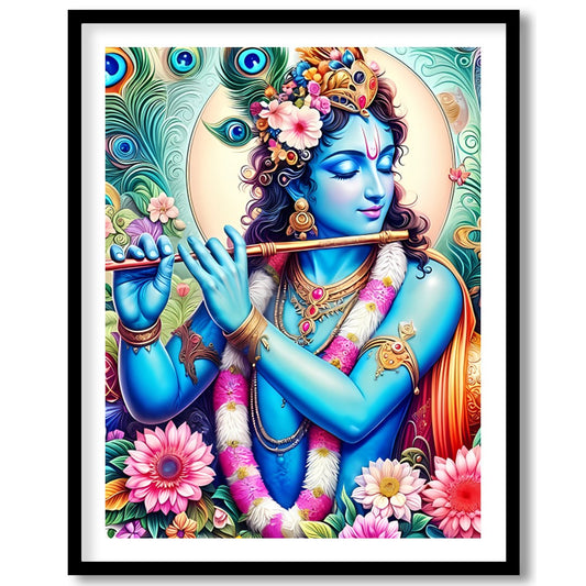 Experience the divine presence of Lord Krishna through this vibrant artwork, where brilliant hues for house