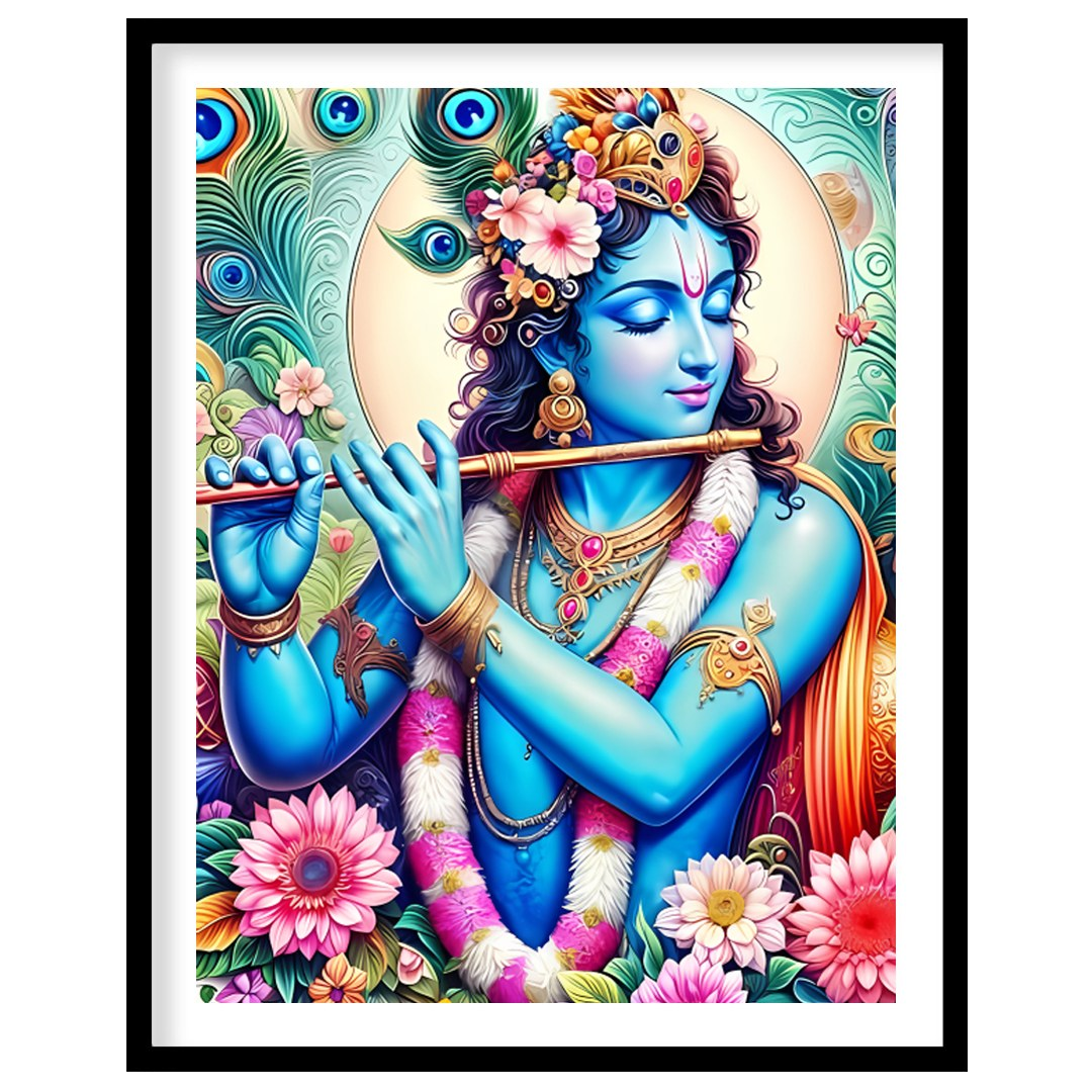 Experience the divine presence of Lord Krishna through this vibrant artwork, where brilliant hues for house