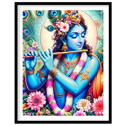 Experience the divine presence of Lord Krishna through this vibrant artwork, where brilliant hues for house