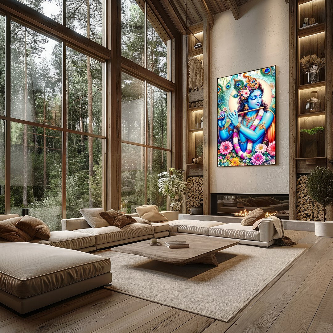 Experience the divine presence of Lord Krishna through this vibrant artwork, where brilliant hues for Living Room
