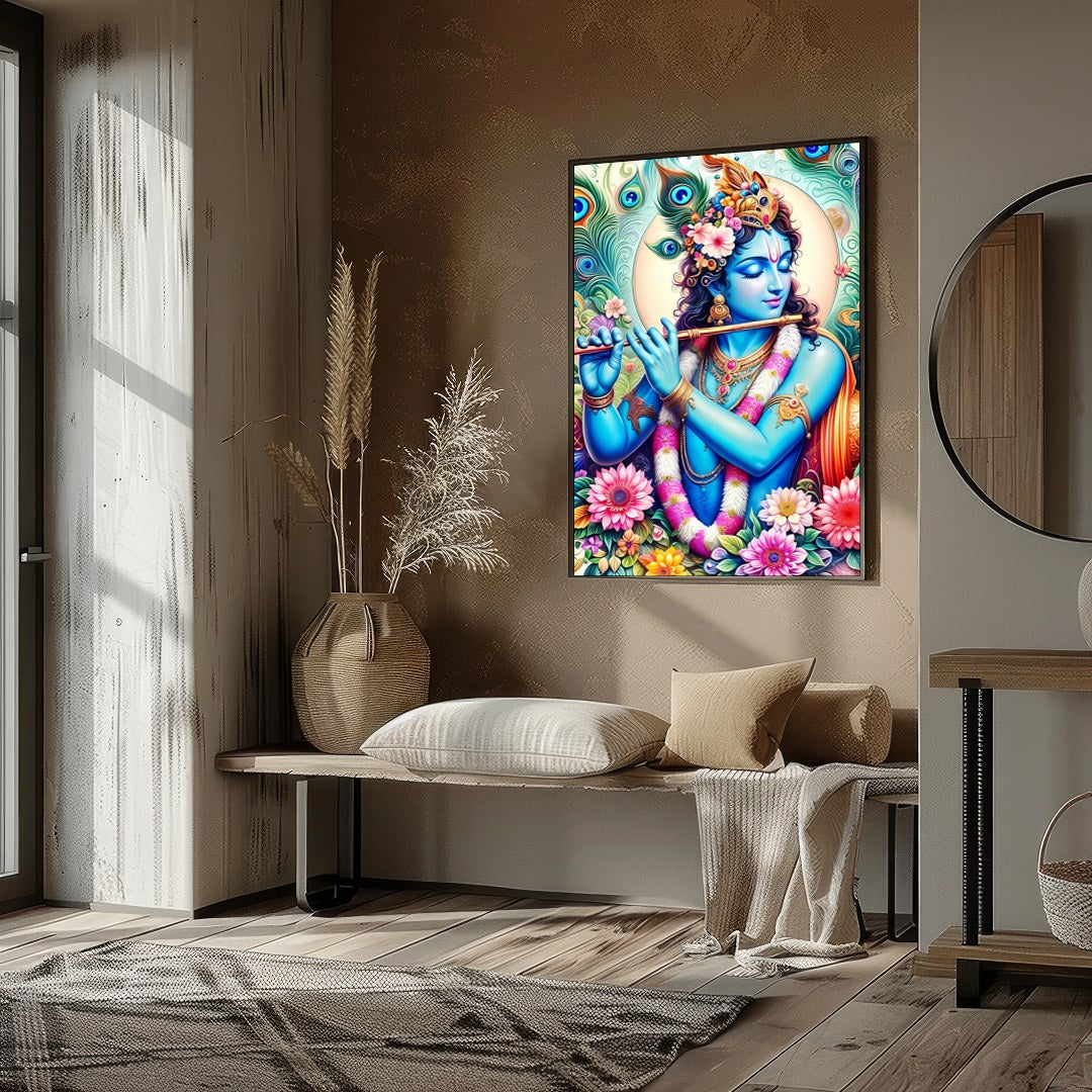 Experience the divine presence of Lord Krishna through this vibrant artwork, where brilliant hues for lovely-house