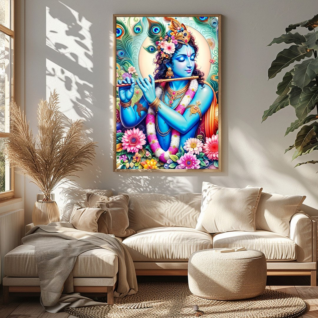 Experience the divine presence of Lord Krishna through this vibrant artwork, where brilliant hues for Sitting Area