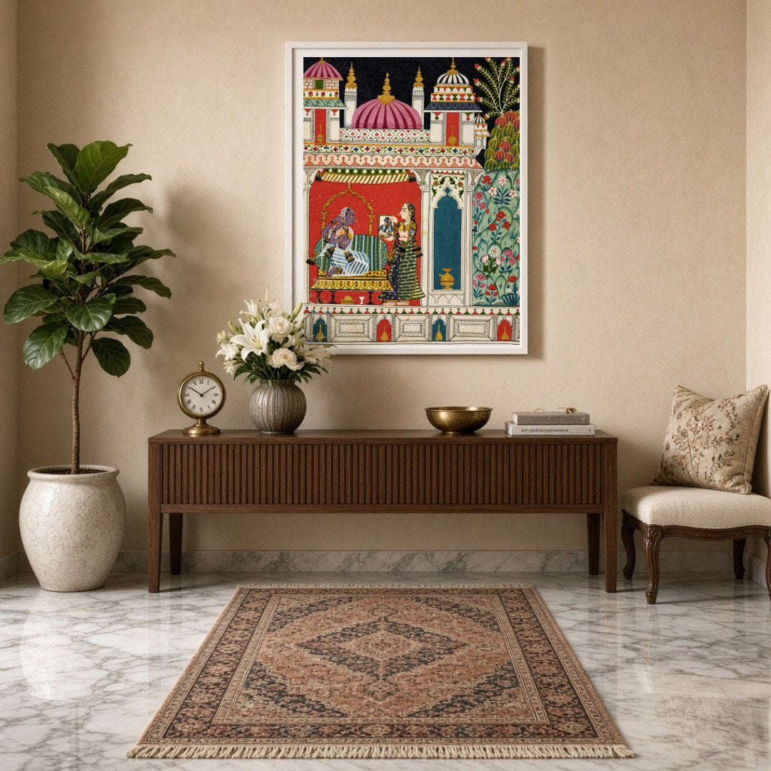 Immerse yourself in the enchanting world of Mughal art with this exquisite representation of Radha for Entrance