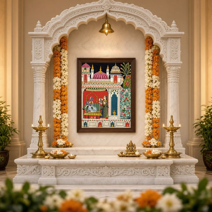 Immerse yourself in the enchanting world of Mughal art with this exquisite representation of Radha for Home Temple