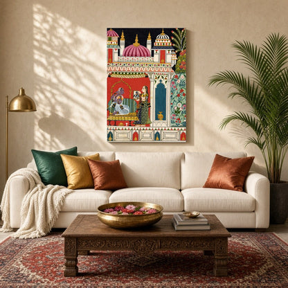Immerse yourself in the enchanting world of Mughal art with this exquisite representation of Radha for Living Room
