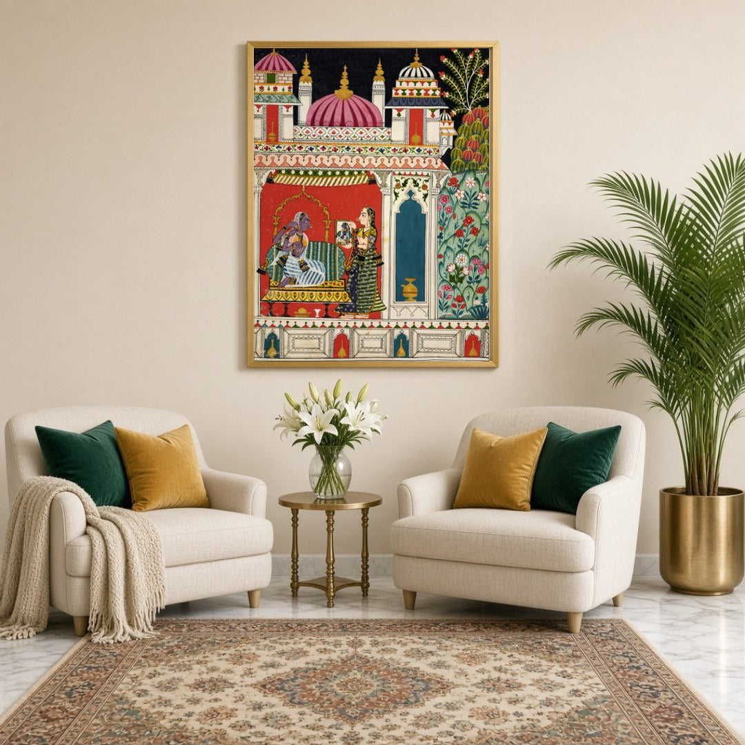Immerse yourself in the enchanting world of Mughal art with this exquisite representation of Radha for Sitting Lounge