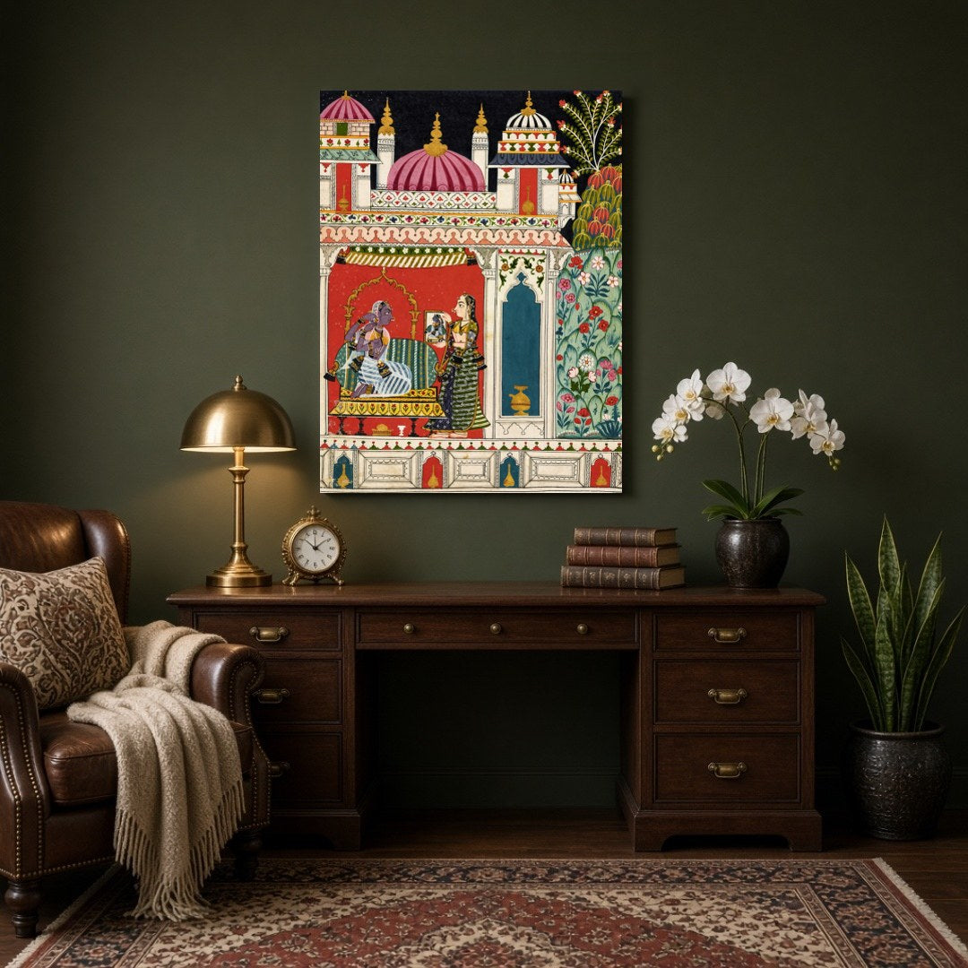 Immerse yourself in the enchanting world of Mughal art with this exquisite representation of Radha for Study