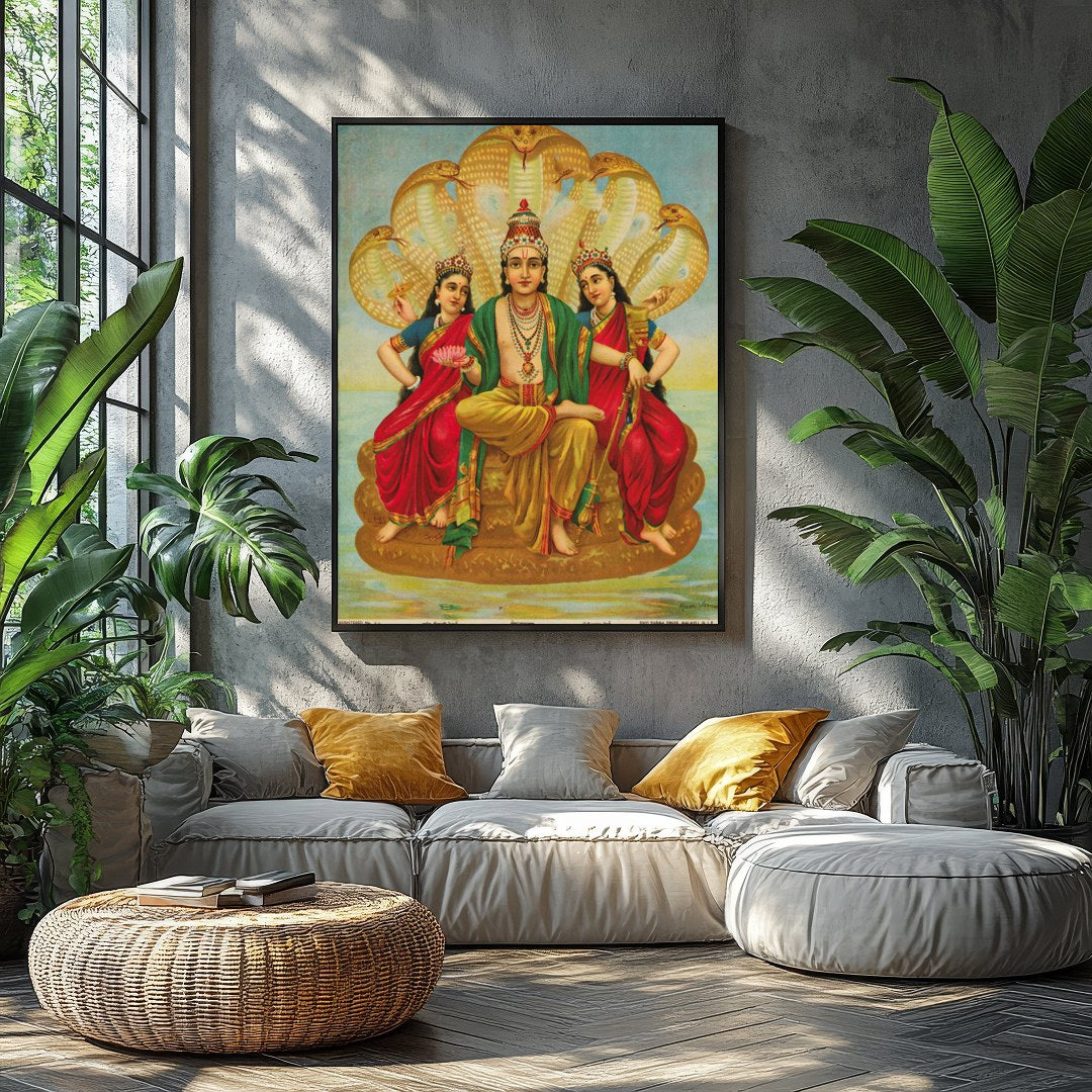 This captivating artwork depicts Lord Vishnu seated majestically, flanked by his consorts Lakshmi for Balcony