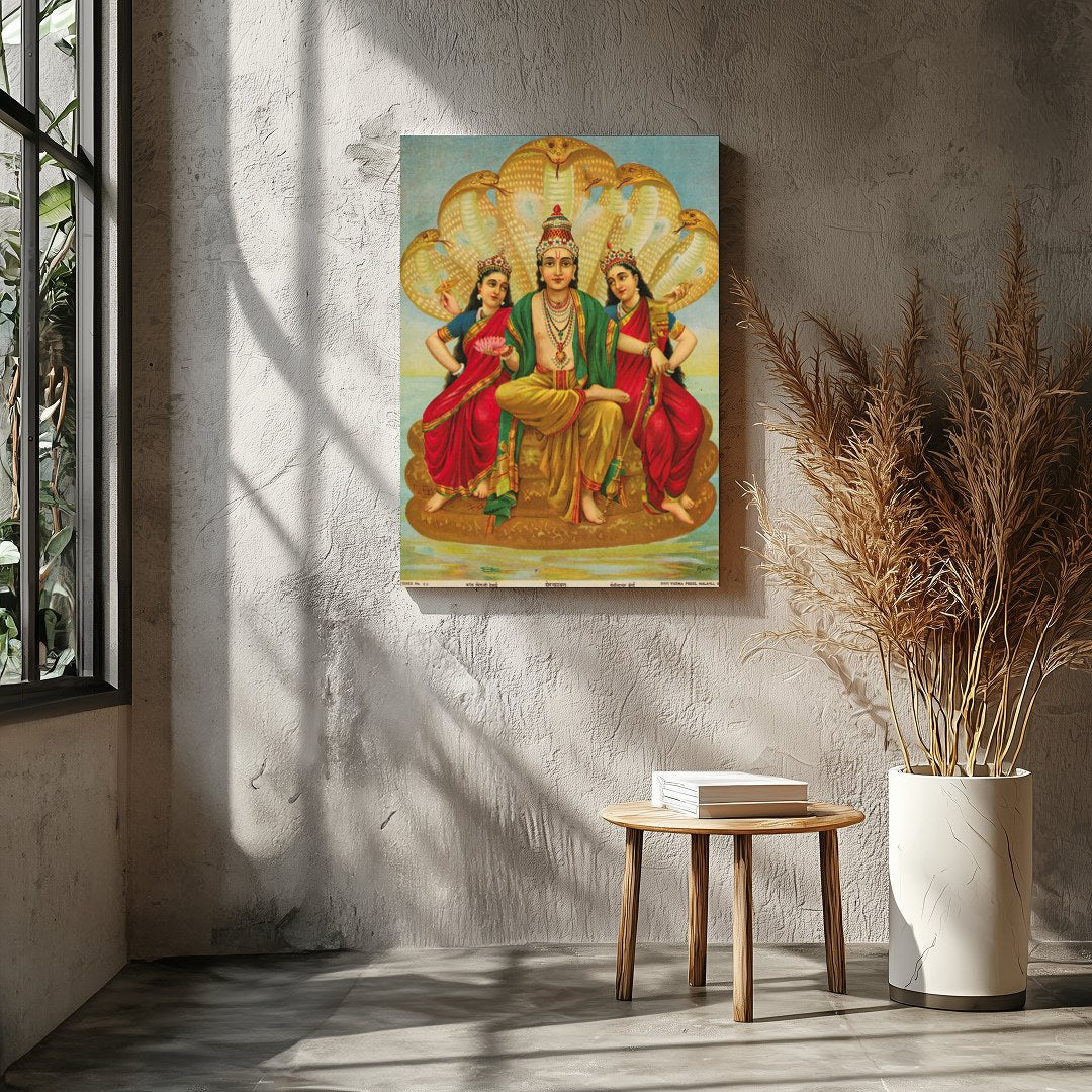 This captivating artwork depicts Lord Vishnu seated majestically, flanked by his consorts Lakshmi for Entrance