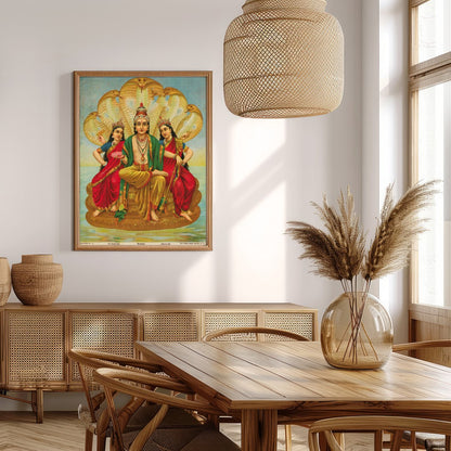 This captivating artwork depicts Lord Vishnu seated majestically, flanked by his consorts Lakshmi for Extra Kitchen