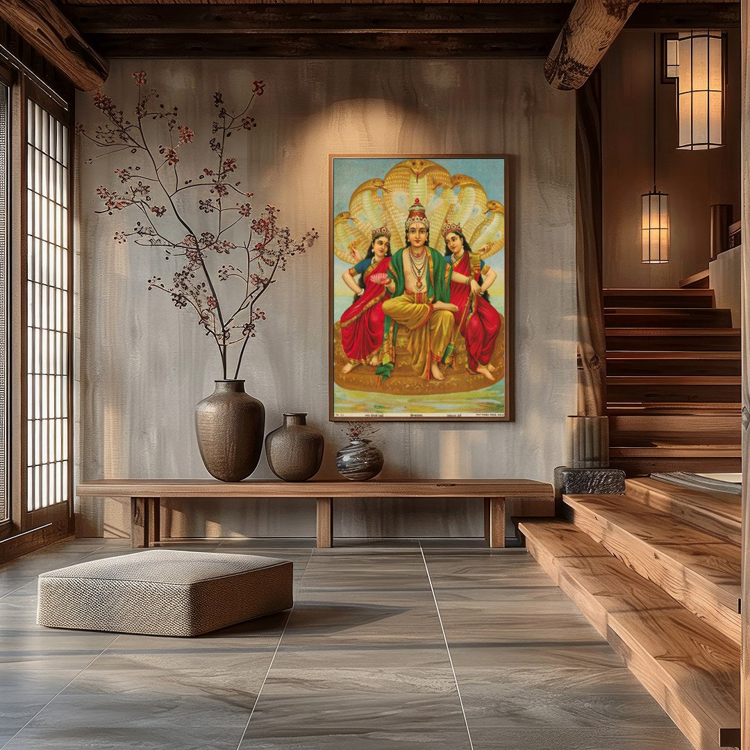 This captivating artwork depicts Lord Vishnu seated majestically, flanked by his consorts Lakshmi for Hall