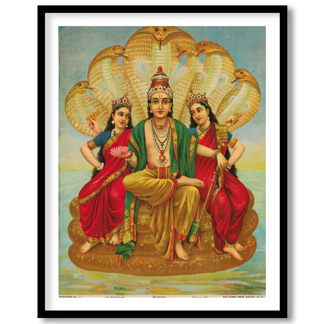 This captivating artwork depicts Lord Vishnu seated majestically, flanked by his consorts Lakshmi for hallway