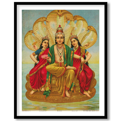 This captivating artwork depicts Lord Vishnu seated majestically, flanked by his consorts Lakshmi for hallway