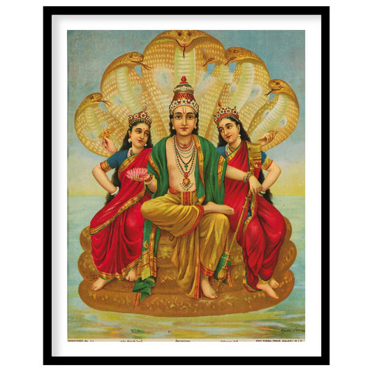This captivating artwork depicts Lord Vishnu seated majestically, flanked by his consorts Lakshmi for hallway