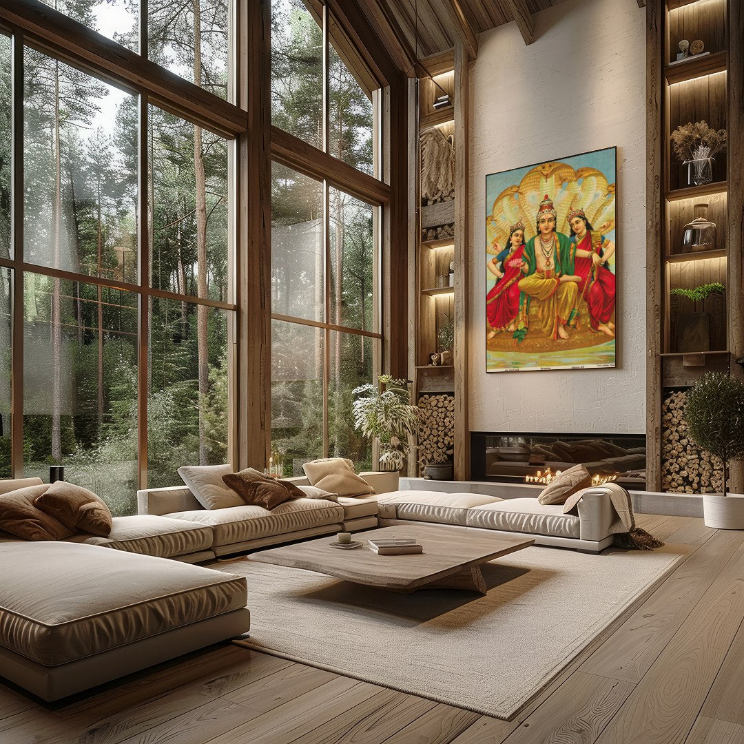 This captivating artwork depicts Lord Vishnu seated majestically, flanked by his consorts Lakshmi for Living Room