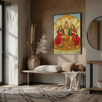 This captivating artwork depicts Lord Vishnu seated majestically, flanked by his consorts Lakshmi for residence