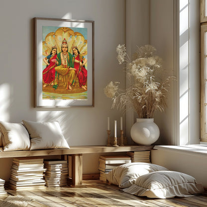 This captivating artwork depicts Lord Vishnu seated majestically, flanked by his consorts Lakshmi for retreat