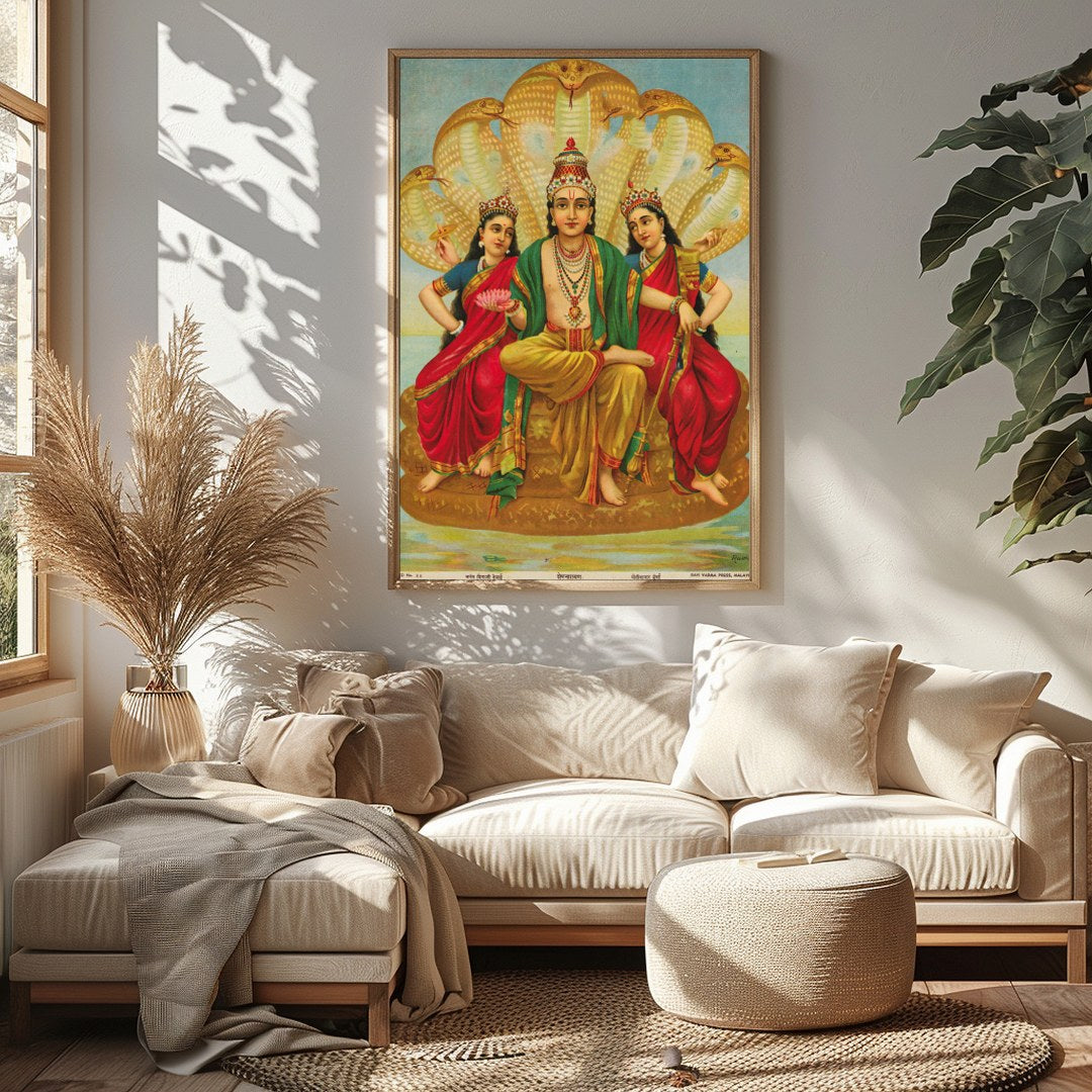 This captivating artwork depicts Lord Vishnu seated majestically, flanked by his consorts Lakshmi for Sitting Area