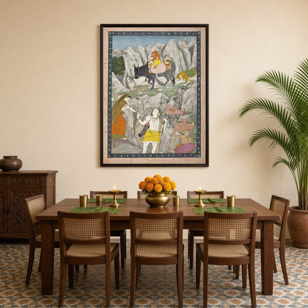 Experience the divine narrative of Parvati with Ganesha on Nandi, journeying through a dramatic for Dining