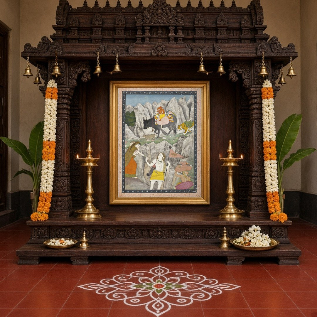 Experience the divine narrative of Parvati with Ganesha on Nandi, journeying through a dramatic for Home Temple
