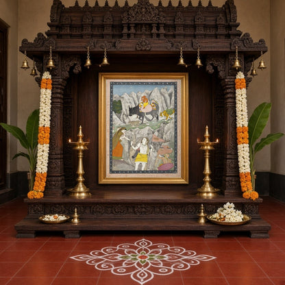 Experience the divine narrative of Parvati with Ganesha on Nandi, journeying through a dramatic for Home Temple