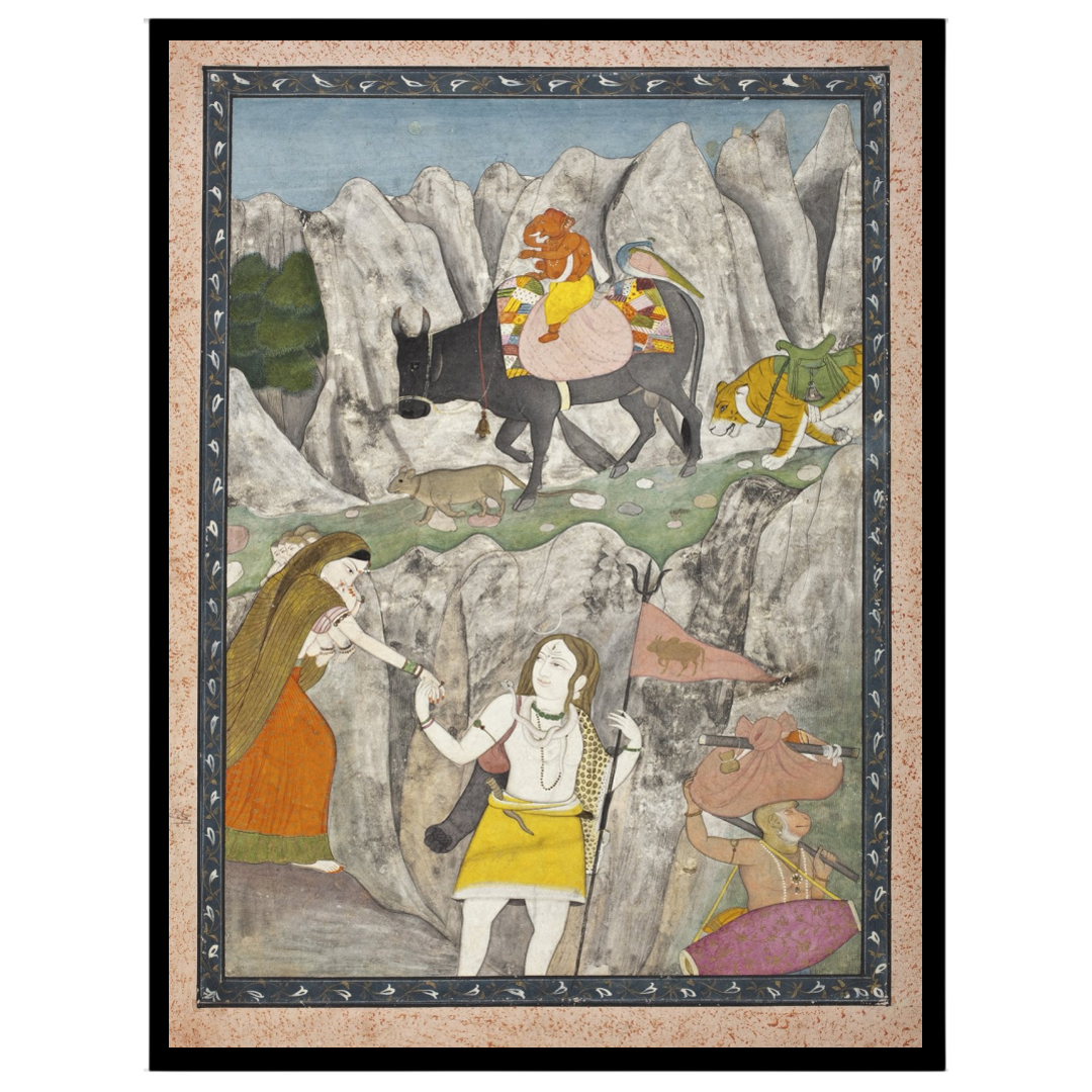 Experience the divine narrative of Parvati with Ganesha on Nandi, journeying through a dramatic for loft