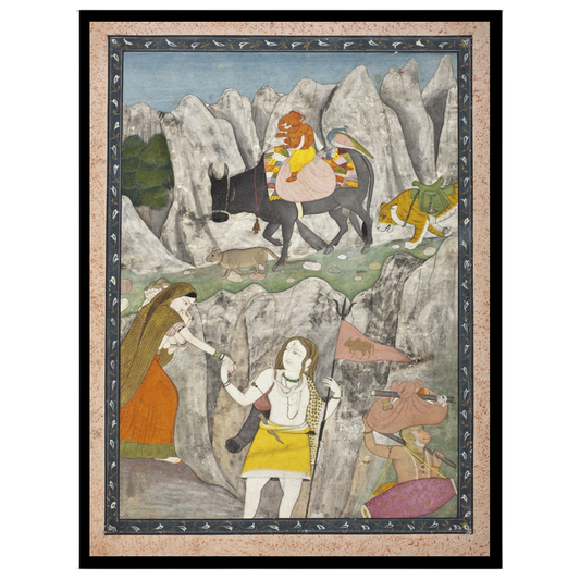 Experience the divine narrative of Parvati with Ganesha on Nandi, journeying through a dramatic for loft