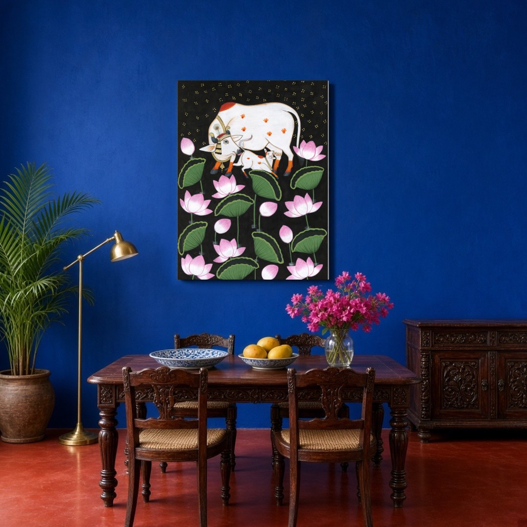 This exquisite Pichwai artwork captures the divine essence of Kamdhenu and her calf, surrounded by for Dining
