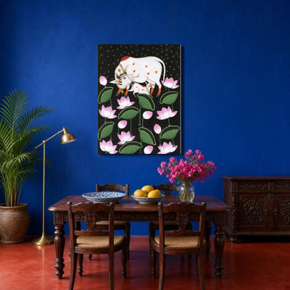This exquisite Pichwai artwork captures the divine essence of Kamdhenu and her calf, surrounded by for Dining