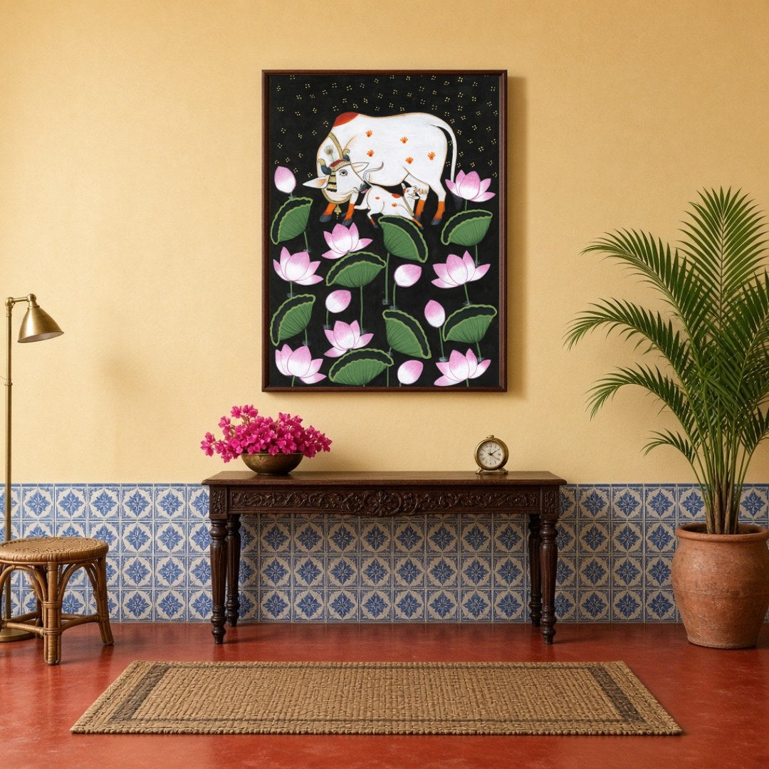 This exquisite Pichwai artwork captures the divine essence of Kamdhenu and her calf, surrounded by for Hallway